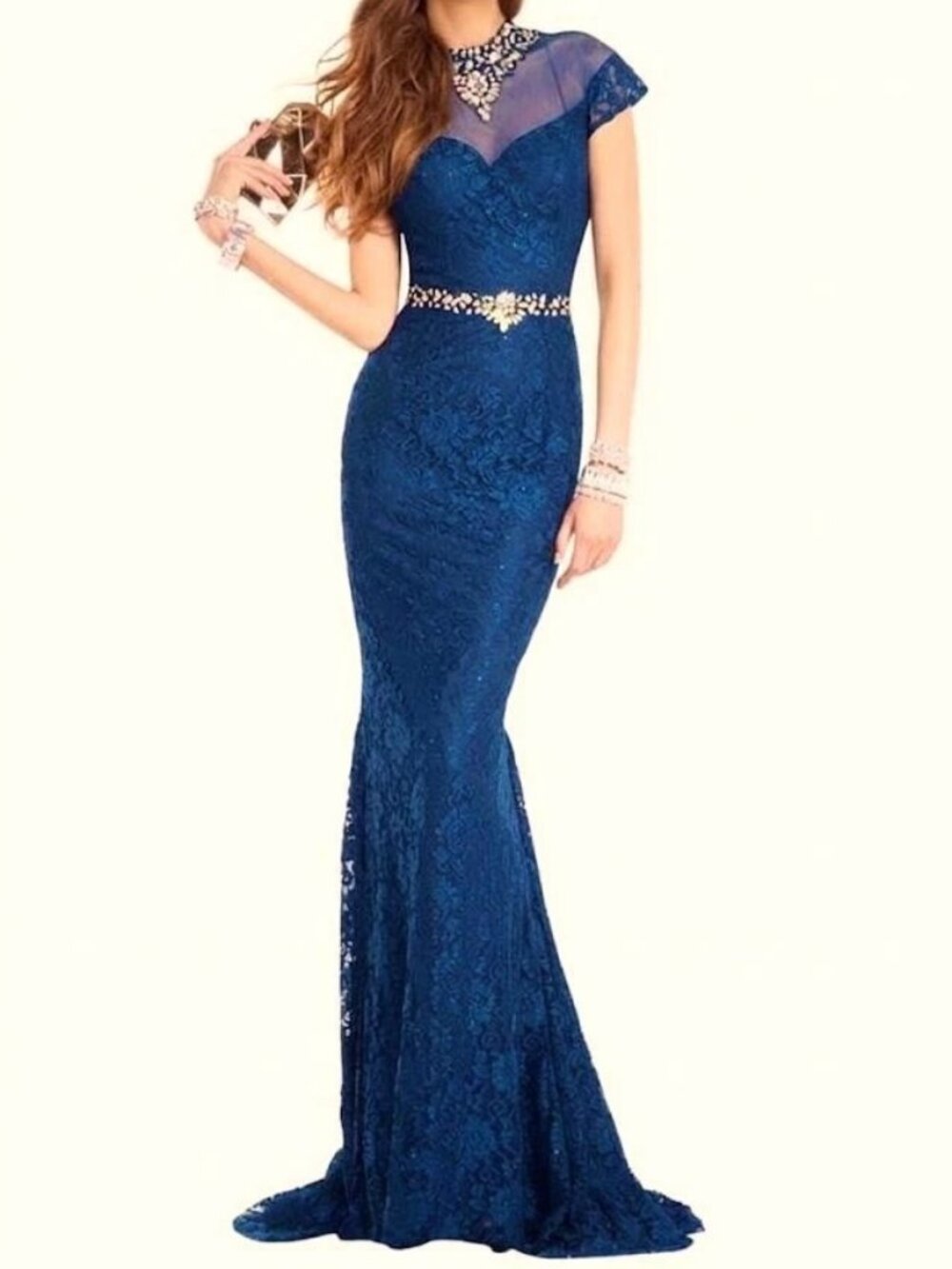 Alyce Paris Sapphire Blue Nude Embellished Lace Illusion Dress